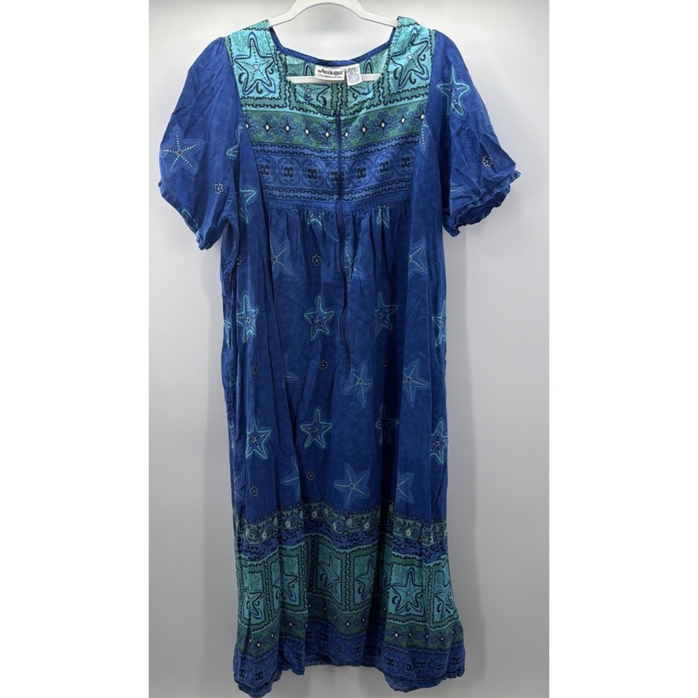 National Vtg Lounger Maxi Dress Front 1/4  Zip Pockets Starfish Cotton Plus 1X
